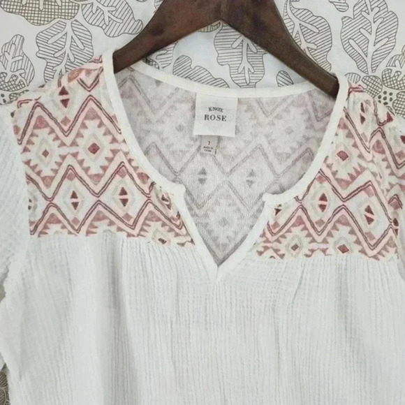 Knox Rose Cotton Gauze Aztec Crewneck Slit Women's Blouse Long sleeve Size 1 - Picture 4 of 7